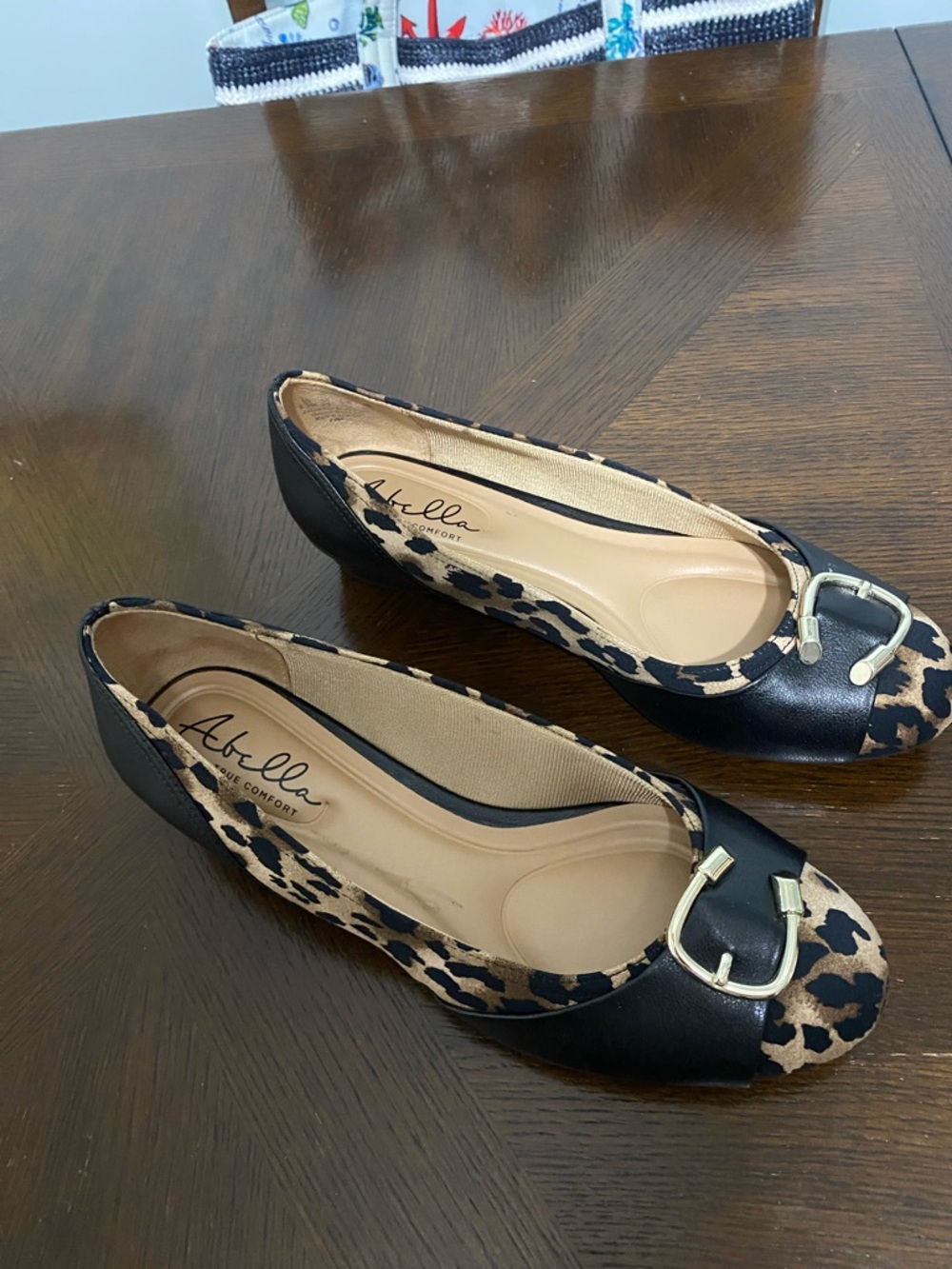 Abella Leopard-Print Flats with Black Trim and Gold Buckle Accent